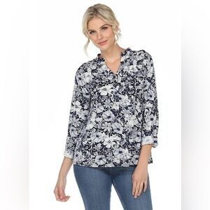White Mark NEW Navy Blue and White Floral Pleated 3/4 Sleeve Top Plus Size 1X